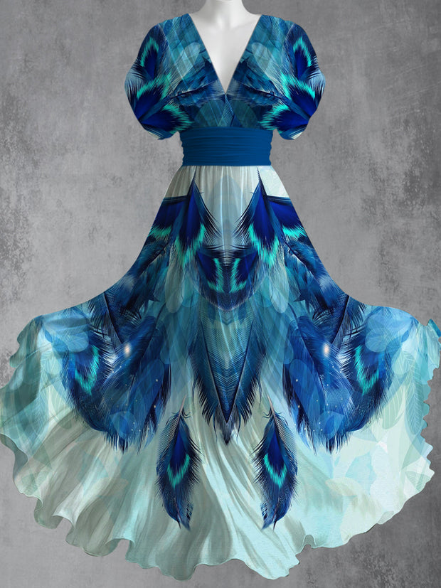 Peacock Feather Art Print V-Neck Short Sleeve Vintage Maxi Dress