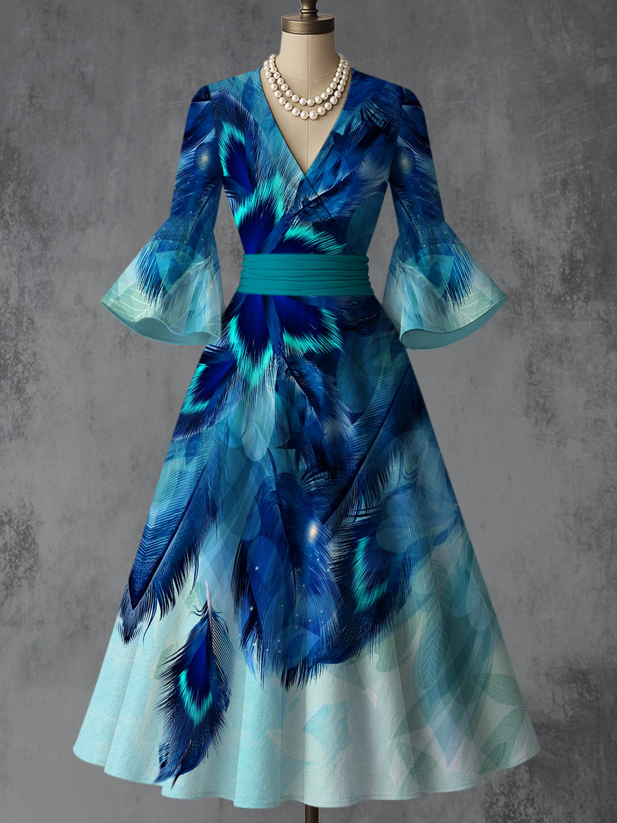 Peacock Feather Art Print V-Neck Flare Sleeve Vintage Elegant Dress