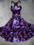 Skull Floral Art Print Vintage Suspender Dress