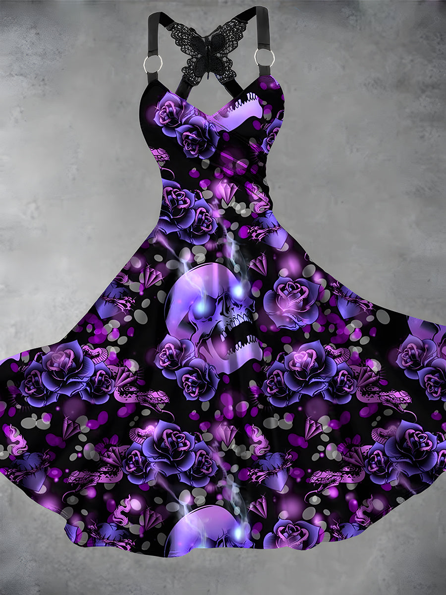 Skull Floral Art Print Vintage Suspender Dress