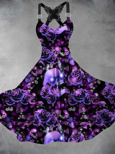 Skull Floral Art Print Vintage Suspender Dress