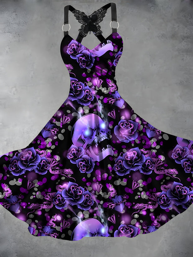 Skull Floral Art Print Vintage Suspender Dress