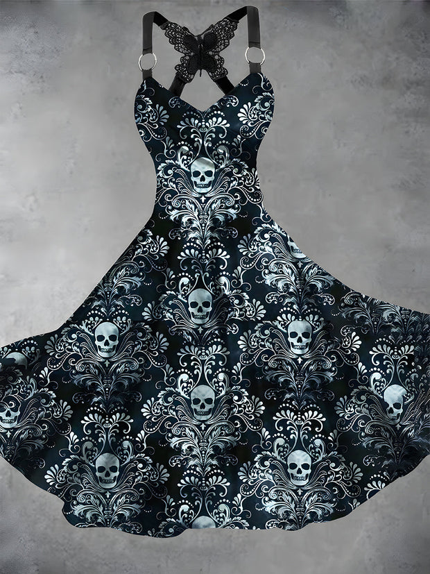 Skull Art Print Vintage Suspender Dress