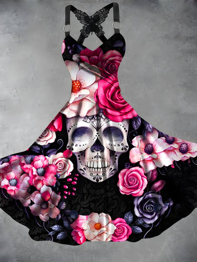 Skull Floral Art Print Vintage Suspender Dress