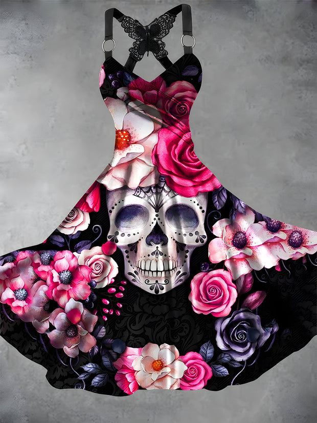 Skull Floral Art Print Vintage Suspender Dress