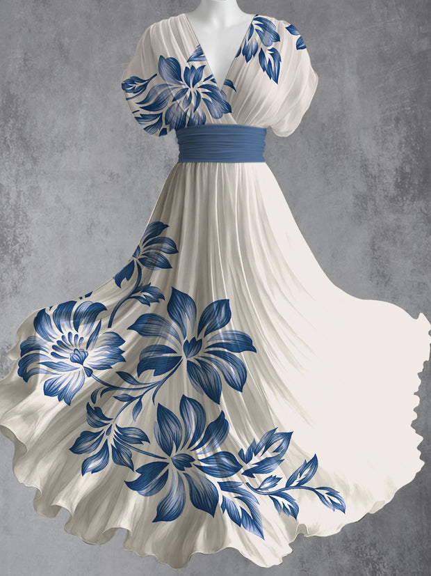 Retro Floral Art Print V-Neck Short Sleeve Vintage Maxi Dress