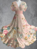 Retro Floral Art Print V-Neck Short Sleeve Vintage Maxi Dress