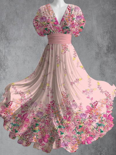 Retro Floral Art Print V-Neck Short Sleeve Vintage Maxi Dress