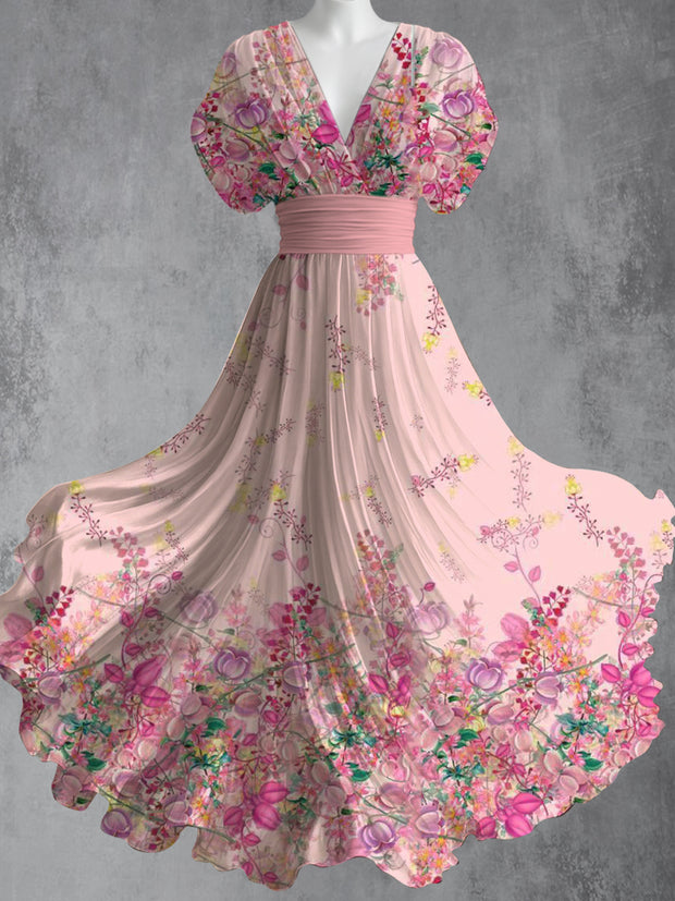 Retro Floral Art Print V-Neck Short Sleeve Vintage Maxi Dress