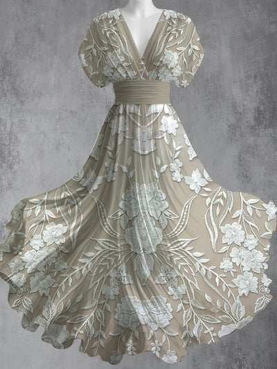 Retro Floral Art Print V-Neck Short Sleeve Vintage Maxi Dress