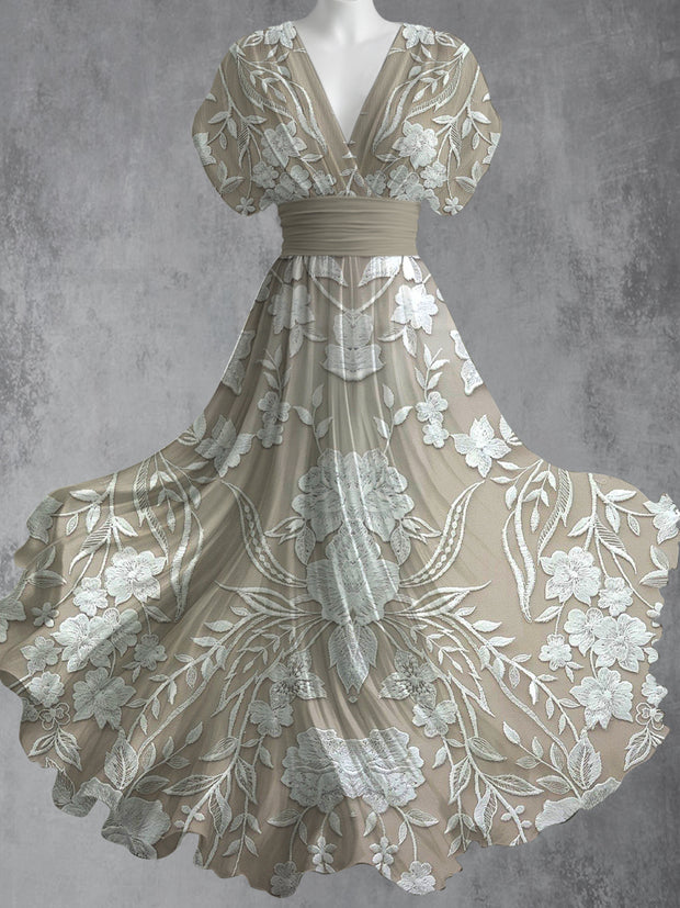 Retro Floral Art Print V-Neck Short Sleeve Vintage Maxi Dress