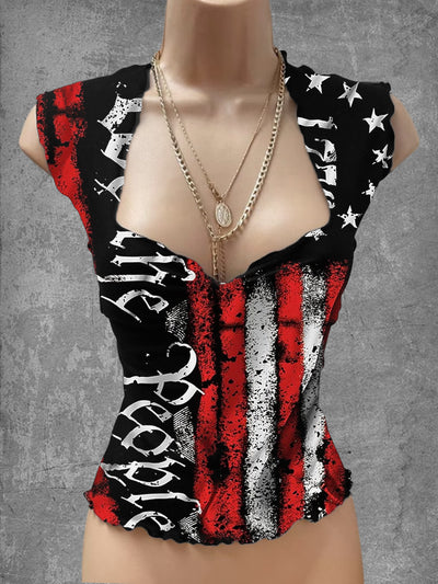 Vintage Independence Day Commemorative Art Print V-Neck Casual Top