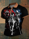 Dreby Horse Waffle Texture Pattern Printed Village V-Neck Short Sleeves Shirt