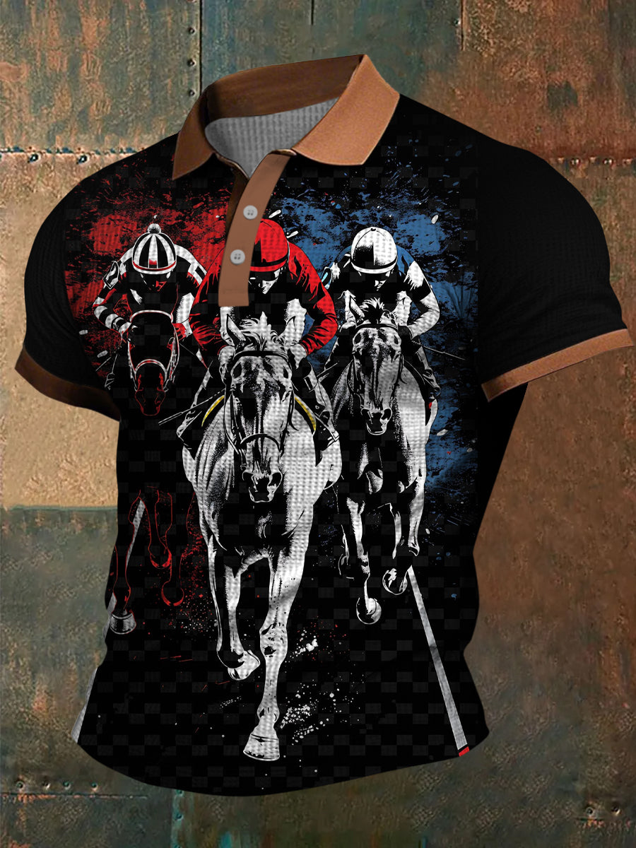 Dreby Horse Waffle Texture Pattern Printed Village V-Neck Short Sleeves Shirt