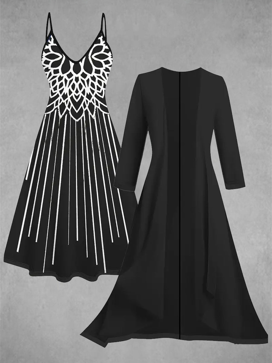 Geometry Art Print Vintage Elegant Slip Dress Two Piece Sets