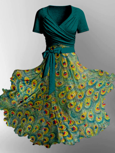 Peacock Feather Art Print Vintage V-Neck Short Sleeve Midi Dress