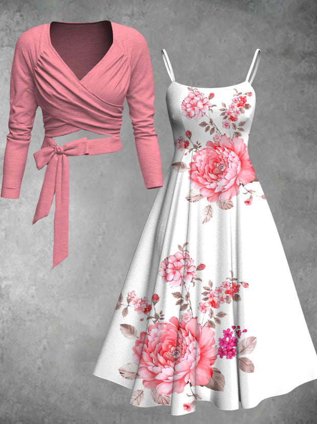 Vintage Floral Print V-Neck Long Sleeve Two-Piece Dress