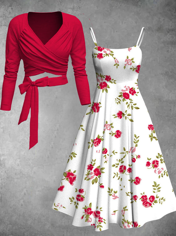 Vintage Floral Print V-Neck Long Sleeve Two-Piece Dress