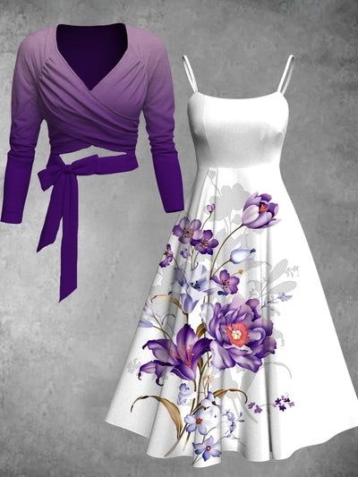 Vintage Floral Print V-Neck Long Sleeve Two-Piece Dress