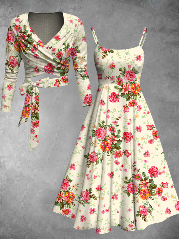 Vintage Floral Print V-Neck Long Sleeve Two-Piece Dress
