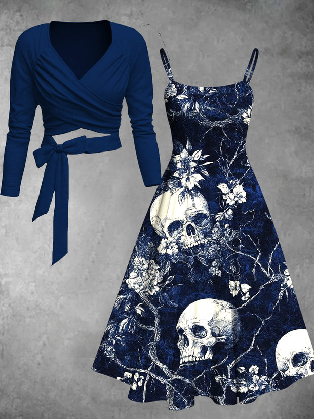 Skull Floral Art Print V-Neck Long Sleeve Two Piece Dress