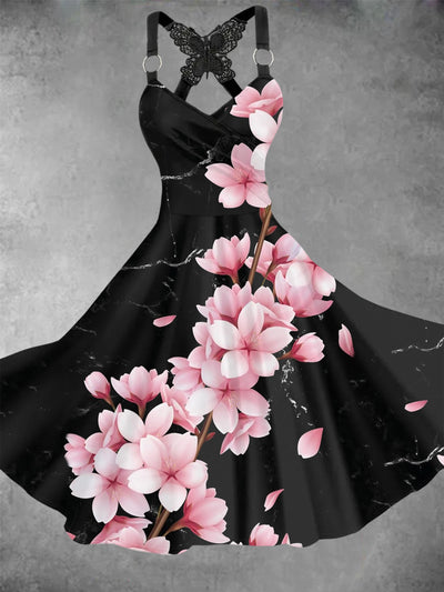 Vintage Floral Print V-Neck Butterfly Lace Suspender Loose Short Sleeve Midi Dress