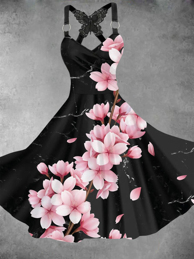 Vintage Floral Print V-Neck Butterfly Lace Suspender Loose Short Sleeve Midi Dress