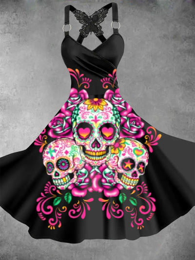 Vintage Skull Art Print V-Neck Butterfly Lace Suspender Loose Short Sleeve Midi Dress