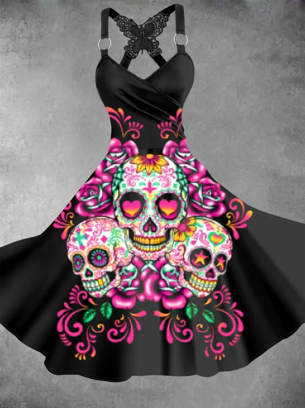 Vintage Skull Art Print V-Neck Butterfly Lace Suspender Loose Short Sleeve Midi Dress