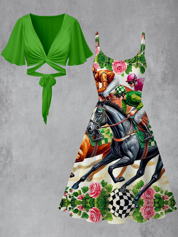 Dreby Horse Art Printed Vintage Cross Fold Short Sleeve Two-Piece Midi Dress