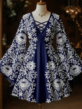 Retro Floral Art Printed Vintage Elegant  Hollow Cut V-Neck Flared Long Sleeve Mid-Long Top