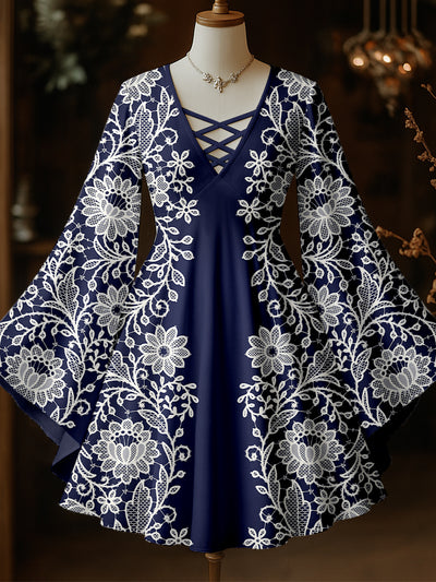 Retro Floral Art Printed Vintage Elegant  Hollow Cut V-Neck Flared Long Sleeve Mid-Long Top