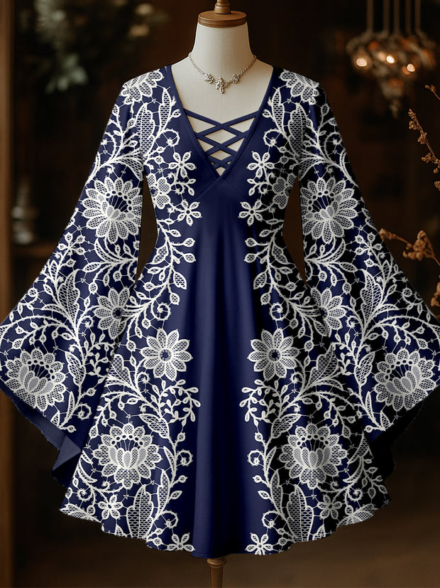 Retro Floral Art Printed Vintage Elegant  Hollow Cut V-Neck Flared Long Sleeve Mid-Long Top