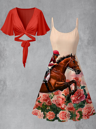 Dreby Horse Art Printed Vintage Cross Fold Short Sleeve Two-Piece Midi Dress