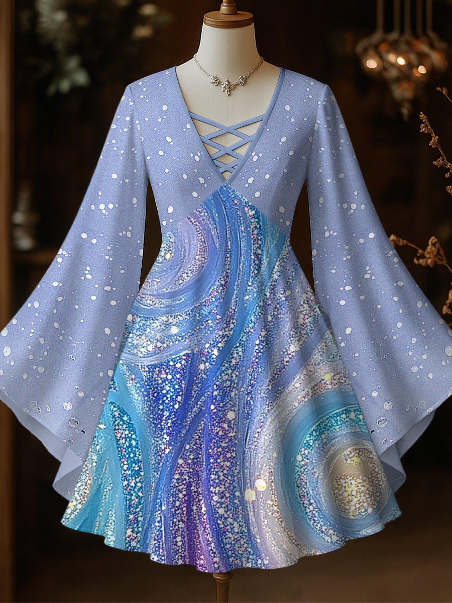 Speckled Starlight Art Printed Vintage Elegant  Hollow Cut V-Neck Flared Long Sleeve Mid-Long Top