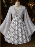 Retro Floral Art Printed Vintage Elegant  Hollow Cut V-Neck Flared Long Sleeve Mid-Long Top
