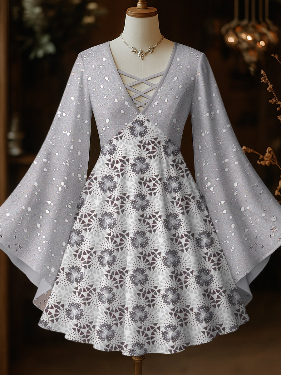 Retro Floral Art Printed Vintage Elegant  Hollow Cut V-Neck Flared Long Sleeve Mid-Long Top