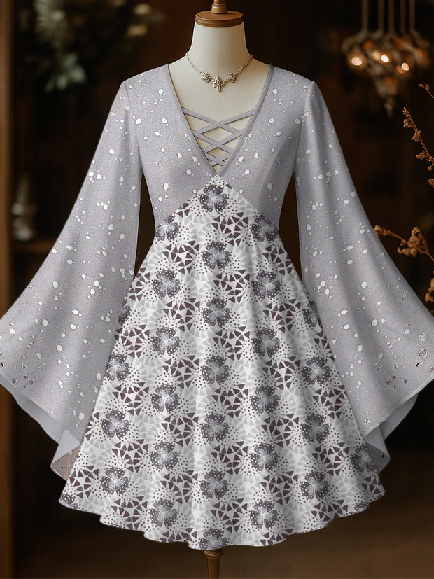 Retro Floral Art Printed Vintage Elegant  Hollow Cut V-Neck Flared Long Sleeve Mid-Long Top