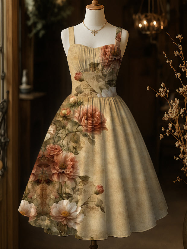 Retro Floral Art Print Vintage Suspender Dress