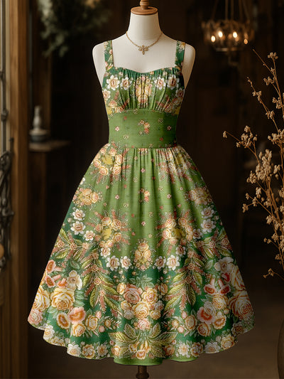 Retro Floral Art Print Vintage Suspender Dress