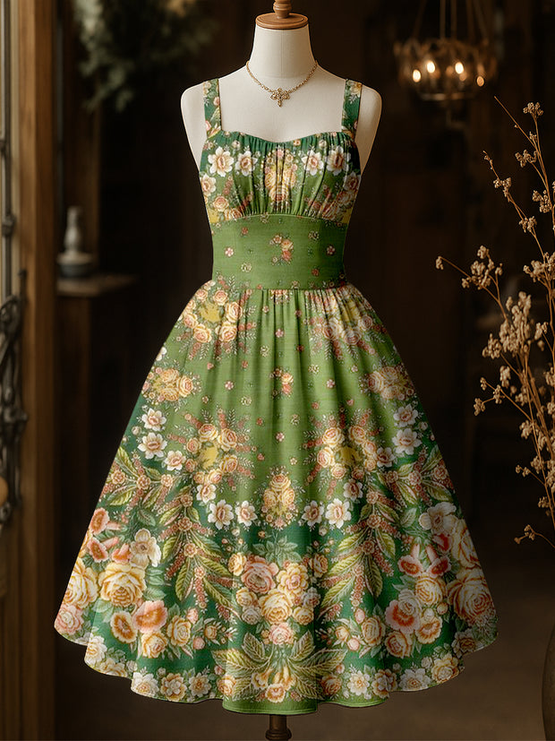 Retro Floral Art Print Vintage Suspender Dress