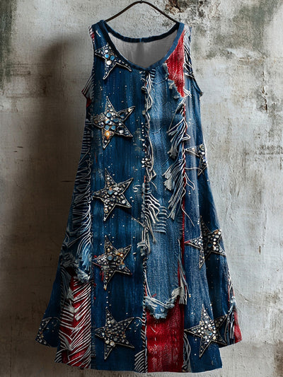 Women's Independence Day Splicing America Flag Stars Printed Casual Dress