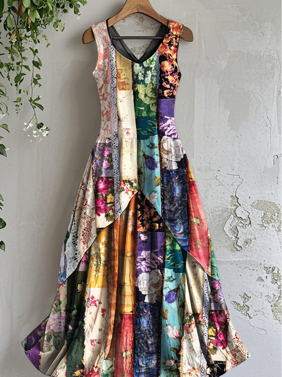 Women's Applique Floral Art Sleeveless Dress