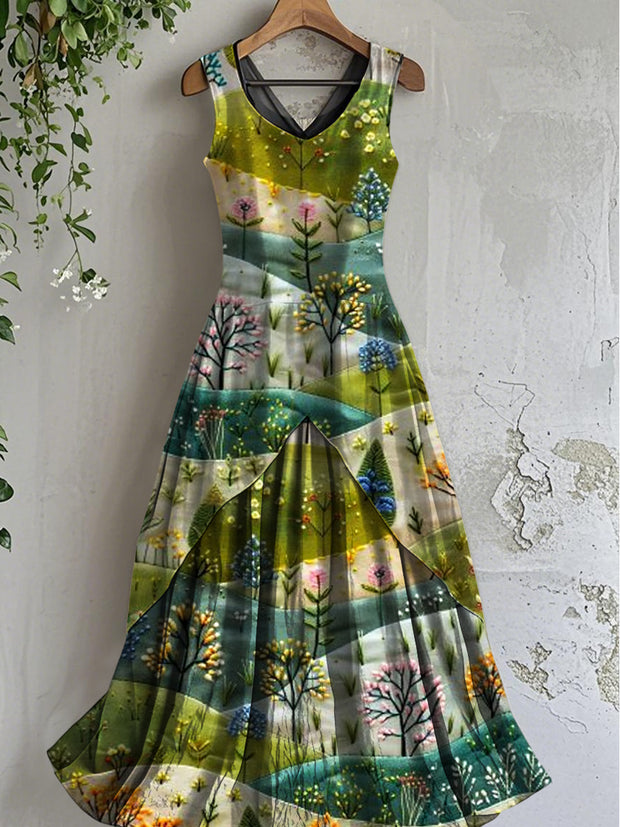 Women's Applique Floral Art Sleeveless Dress