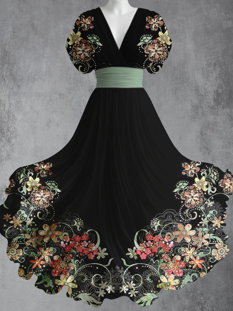 Retro Boho Floral Art Printed Elegant V-Neck Vintage Short Sleeve Maxi Dress