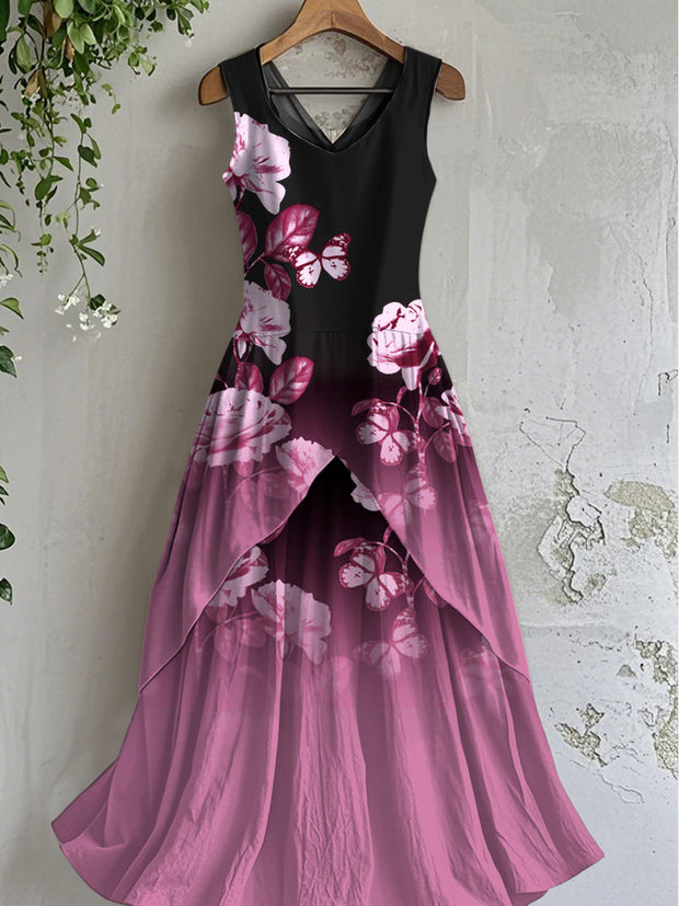 Vintage V-Neck Floral Print Cotton Midi Dress