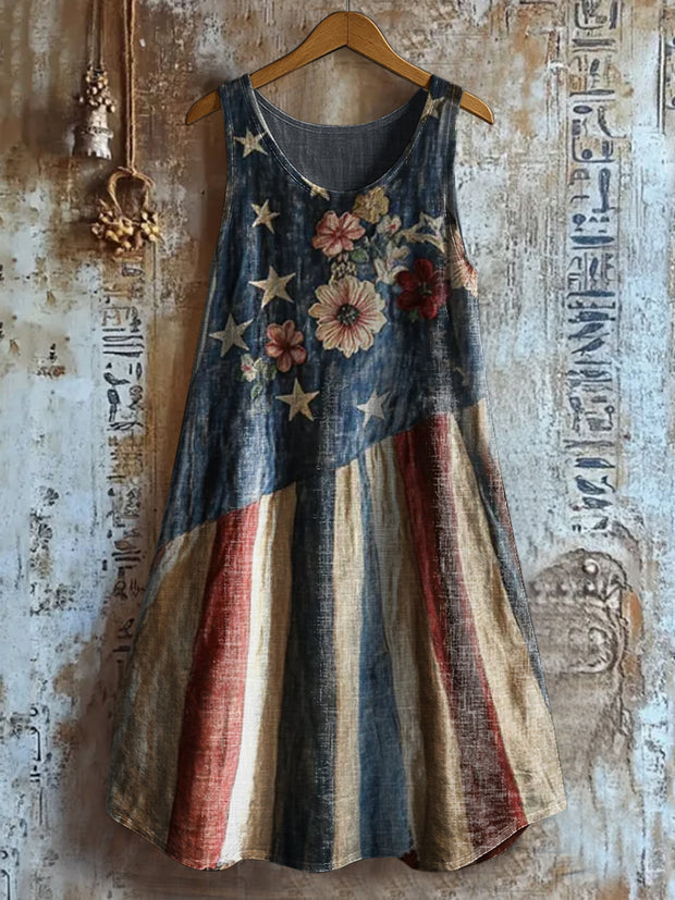 Retro American Flag Floral Art Printed Round Neck Sleeveless Cotton Midi Dress