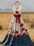 Retro Boho Floral Art Print V-Neck Sleeveless Cotton Maxi Dress