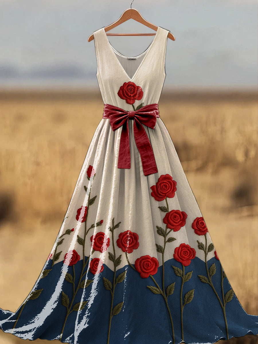 Retro Boho Floral Art Print V-Neck Sleeveless Cotton Maxi Dress