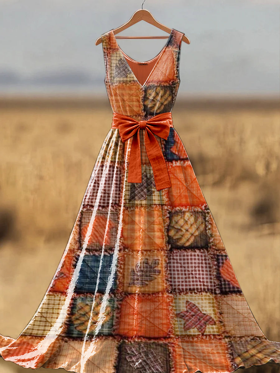 Retro Boho Floral Art Print V-Neck Sleeveless Cotton Maxi Dress